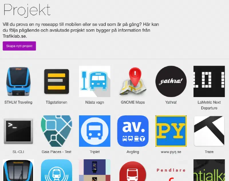 Trafiklab shows a list of projects using its APIs