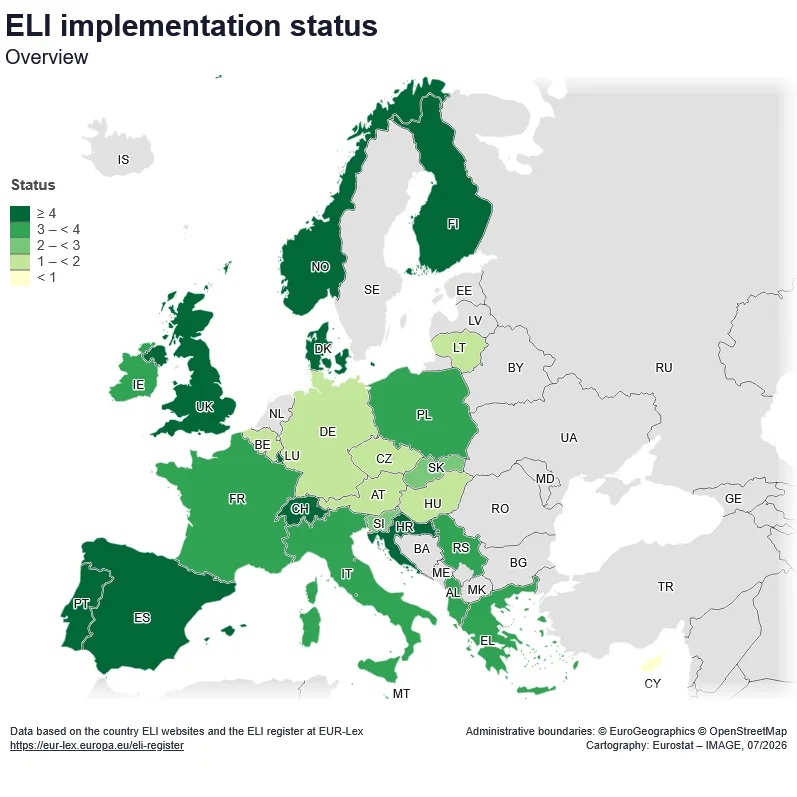 Countries implementing ELI; Sweden is one of the few EU countries that does not