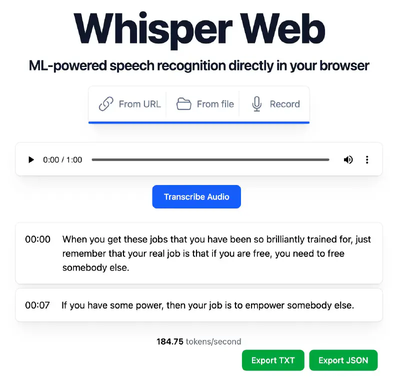 Main UI of Whisper-Web, with a few buttons to upload or record audio and a transcript underneath